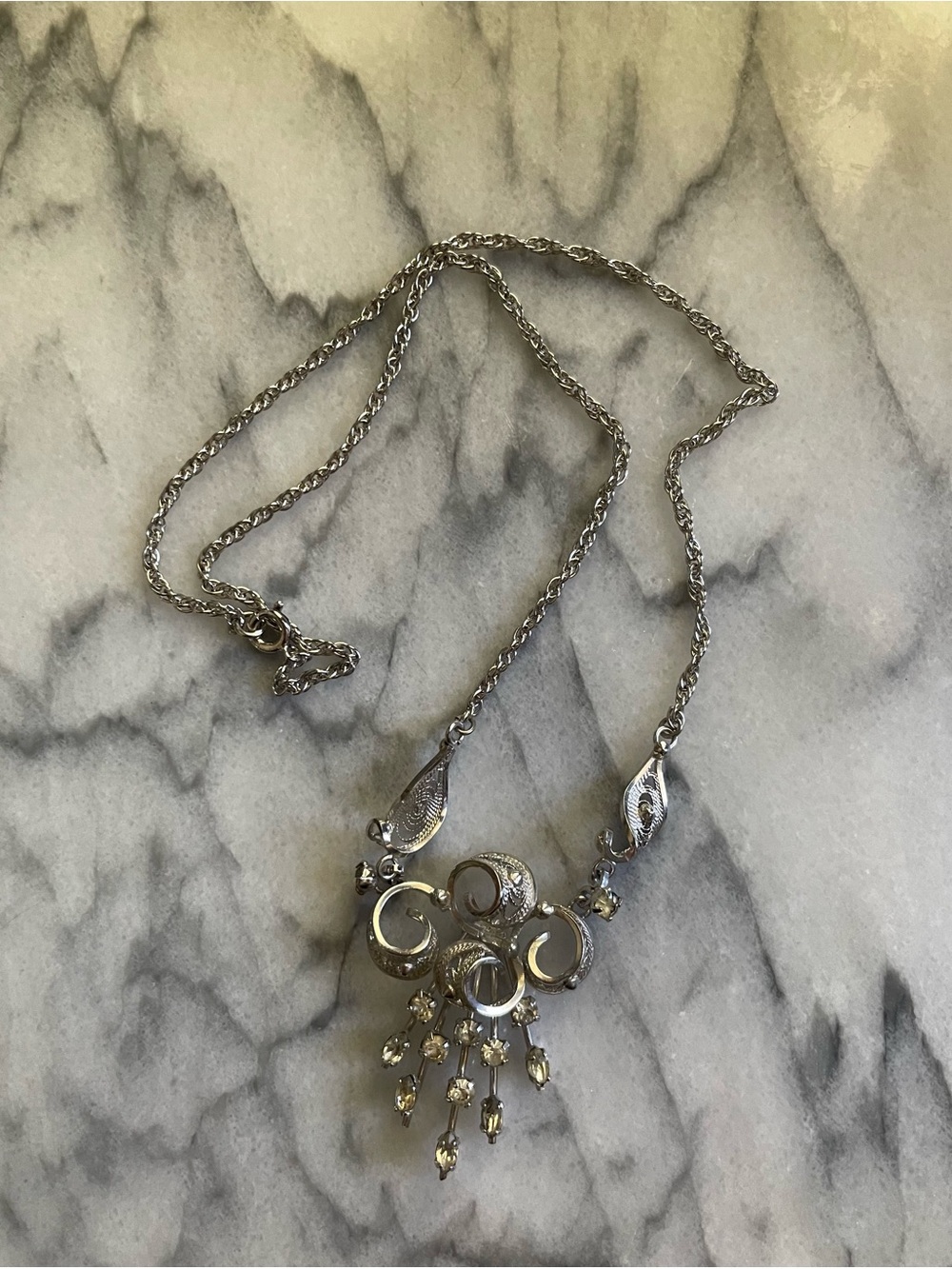 Vintage AmLee Sterling Silver Filigree and Rhinestone Necklace